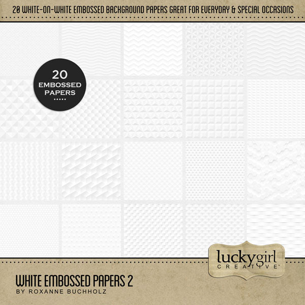These beautiful white embossed digital scrapbooking papers by Lucky Girl Creative digital art are the perfect background for everyday and special occasions, too! Wonderful for wedding, graduation, baby, birthday, and anniversary! This kit is included in the White Embossed Papers Bundle.