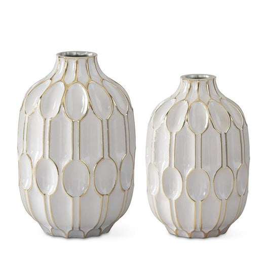 White Glass & Gold Oval Embossed Vases
