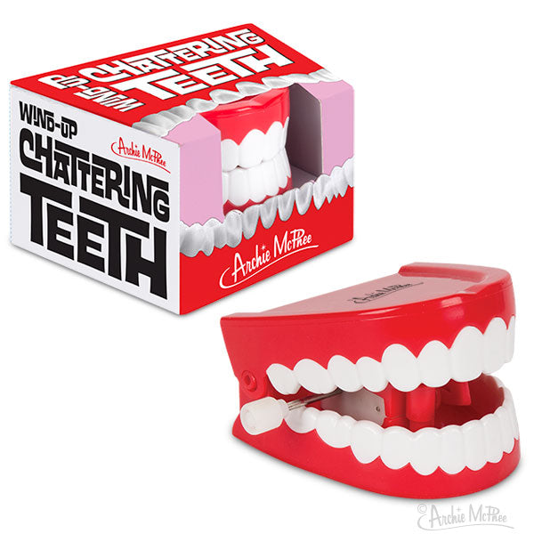 The Wind-Up Chattering Teeth product includes a red chattering teeth toy that comes with eye-catching packaging.