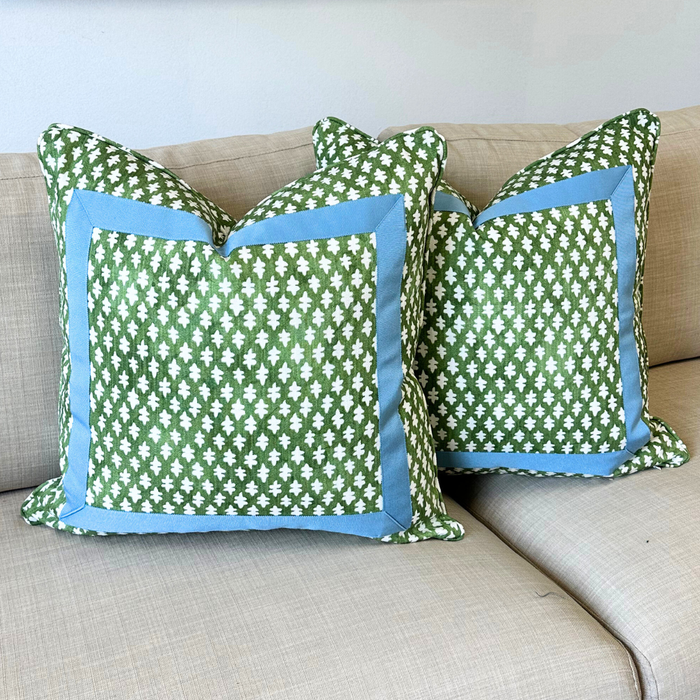 WWH Fave :: Gemma in Kale Green with Sky Mitered Box Pillow Cover