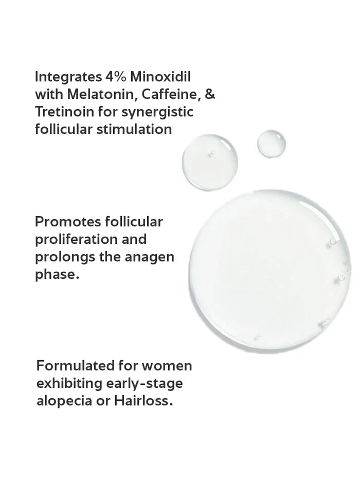 Text detailing the ingredients and benefits of a hair care product on a white background with droplets.