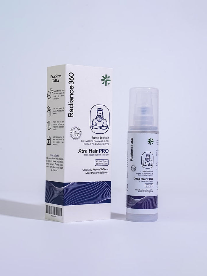 Radiance 360 Xtra Hair PRO product packaging and bottle on a light gray background