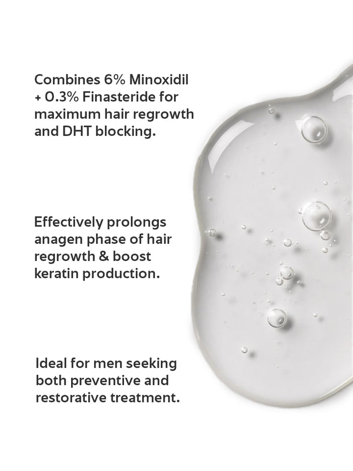 Product with text about Minoxidil and Finasteride for hair regrowth on a white background