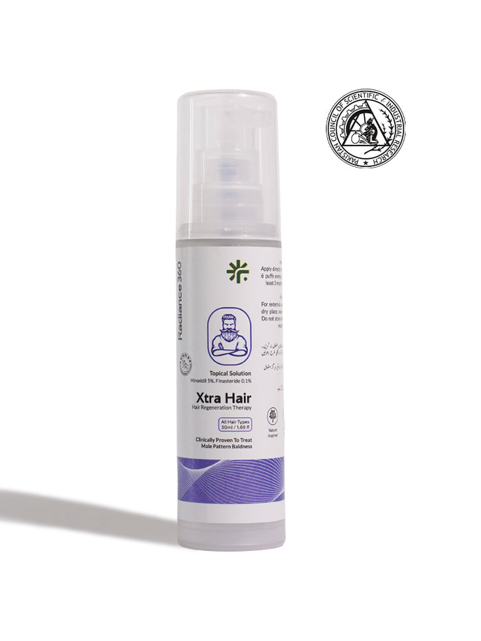 Hair care product bottle labeled 'Xtra Hair' on a white background with a brand logo.