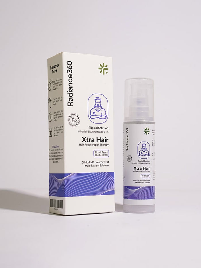 Radiance 360 Xtra Hair product packaging on a light gray background