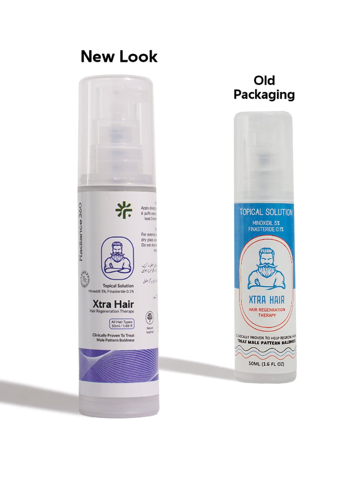 Two bottles of Xtra Hair with new and old packaging designs on a white background.