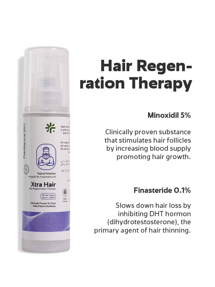 Hair regeneration therapy product with text about Minoxidil and Finasteride on a white background