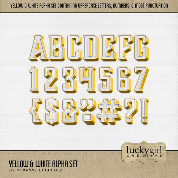 These sweet yellow and white alphabet and number digital scrapbooking embellishments by Lucky Girl Creative digital art are easy to use for everyday digital scrapbook page titles and special occasions such as Easter, spring, and baby pages. The Yellow & White Alpha Set consists of a full set of digital art uppercase alphabet letters A-Z, numbers 0-9, and most punctuation marks. This alpha set is available as individual embellishments only. This kit is included in the Easter Sweet Shop Bundle.