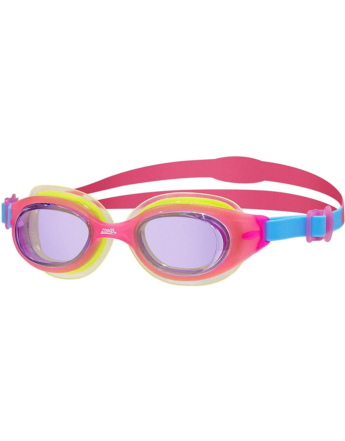 Vibrant Zoggs Little Sonic Air swim goggles for 0-6yrs with pastel pink, yellow, blue accents and air cushion tech
