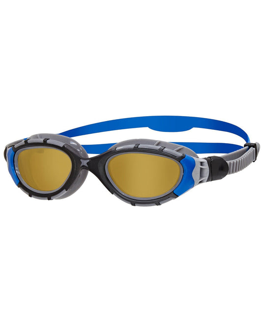 Zoggs Predator Flex Polarized Ultra Goggle with blue black frame and gold lenses