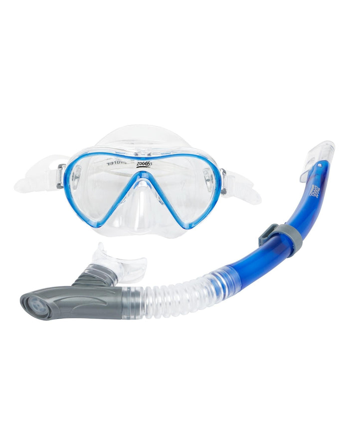 Zoggs Reef Explorer snorkel set with clear lens mask and blue gray straps