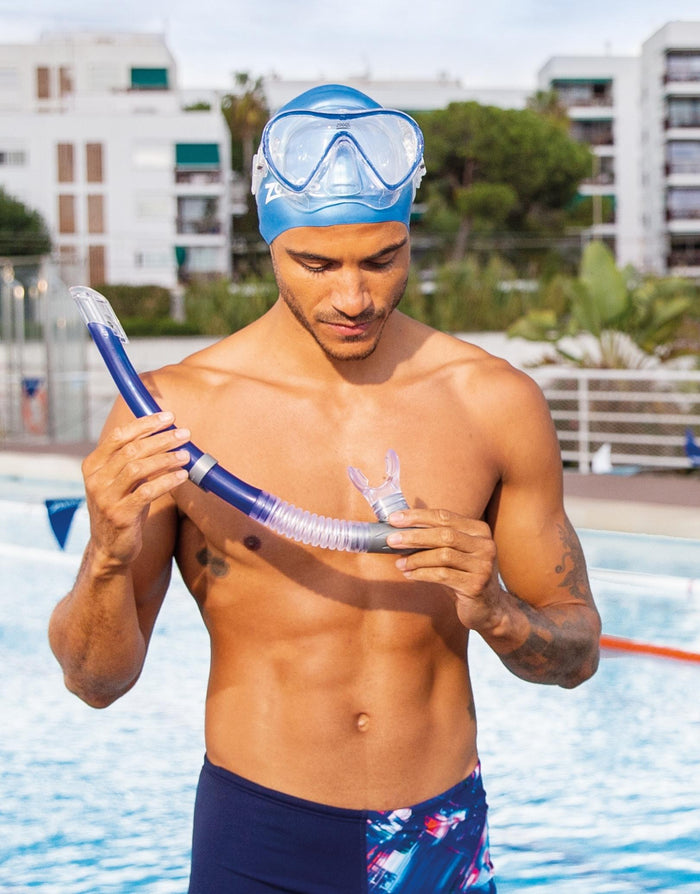 Zoggs Reef Explorer snorkel set with blue snorkel, clear lens and silicone mouthpiece