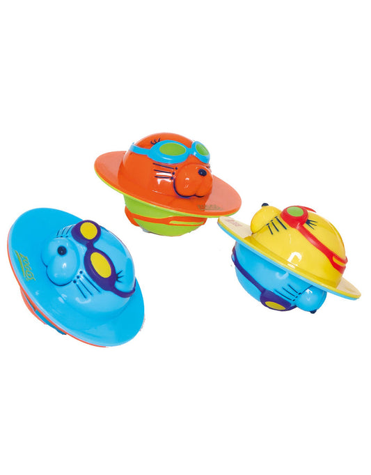 Playful Zoggs Seal Flips UFO bath toys in blue, orange, yellow