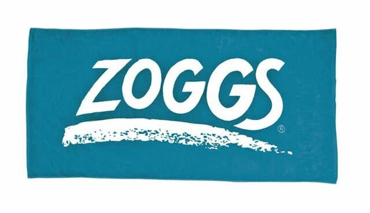 Teal Zoggs swim towel with white logo on quick drying turquoise background